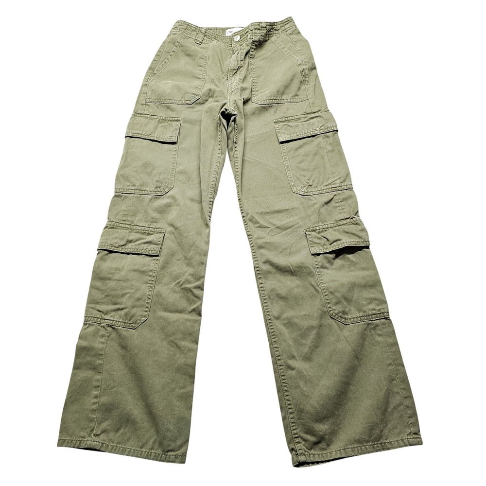 Zara Olive Green High Rise Wide Leg Multi Pocket Cargo Pants Womens Size 2 US